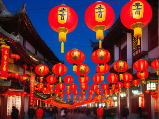 Decorated Streets: A Visual Symphony of Traditional Chinese New Year Revelry. generative AI