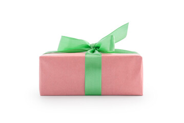 Pink paper present box with green ribbon bow isolated on white background