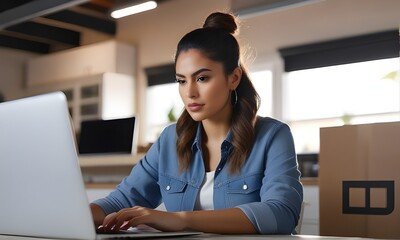 Hispanic Woman Software Developer Programming On Laptop Computer In Garage At Home.