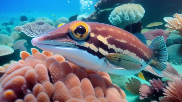Midwater fish swimming on the Seabed, colorful coral reefs and vibrant underwater life.