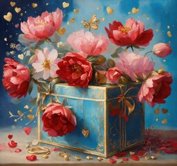 A large beautiful gift box with gorgeous red and pink magic flowers as a gift for your beloved on Valentine's Day