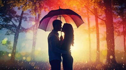 Picture-perfect real photo, stock photography of a couple cuddling under a rainbow-colored umbrella on a rainy day, with a dreamy, ethereal touch