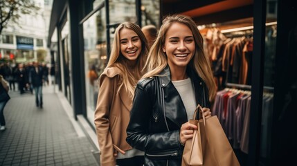 Smiling attractive young women shopping with handling a bag - obrazy, fototapety, plakaty