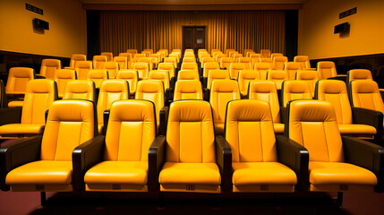 Explore the elegance of an empty auditorium with this interior illustration. The red seats and dark ambiance set the stage for a cinematic or theatrical experience.