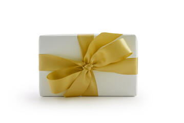 White gift box with yellow ribbon bow isolated on white background