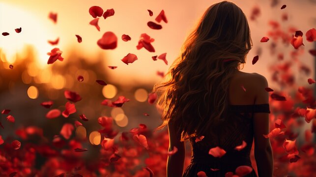 Back view of long haired young girl stands bathed in sunlight under red rose petals gently cascade, symbolizing blossoming femininity and delicate youthfulness, tenderness, and youthful charm
