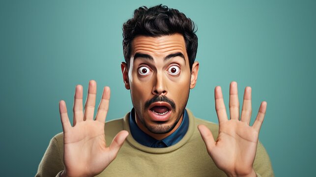 Surprised man on face and hand, face shot, isolated on colored background