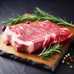 Fototapeta premium Japanese marbled beef steak. The meat is of very high quality. On the table. Unusual background. With spices and rosemary.