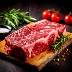 Japanese marbled beef steak. The meat is of very high quality. On the table. Unusual background. With spices and rosemary.