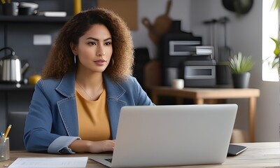 Hispanic Woman Software Developer Programming On Laptop Computer In Garage At Home.