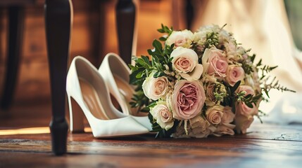 Bride, high heels and a bouquet of roses on a wooden floor, background for a solemn event. Created with Generative Ai technology.