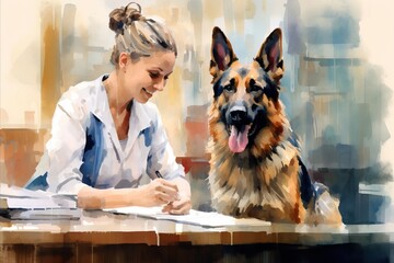 female veterinarian and German shepherd in a veterinary clinic, watercolor illustration with bright colors
