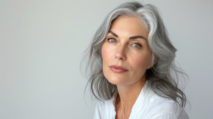 Fototapeta premium Beautiful gorgeous 50s mid aged mature woman looking at camera isolated on white. Mature old lady close up portrait. Healthy face skin care beauty, middle age skincare cosmetics, cosmetology concept