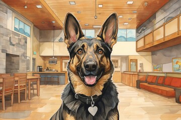 abstract closeup illustration of German Shepherd muzzle wearing a collar and a heart-shaped tag and veterinary clinic