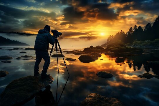 A professional photographer capturing a breathtaking natural landscape with a high-resolution camera