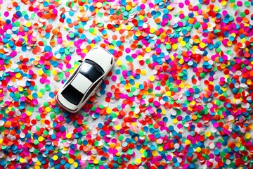 small white toy car amidst a sea of colorful confetti