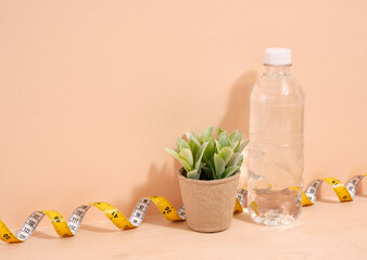Health and sports. Bottle of water and yellow tape measure. Ecological potted plant, copy space for text.