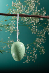 Easter egg on branch, DIY decor, colorful card, spring holiday, happy celebration