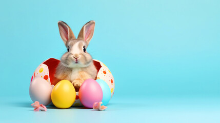 Cute Easter bunny sitting in a broken egg with easter eggs on isolated background - ai generative