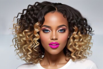 Fototapeta premium The image features a close-up of a woman with blonde curly hair and bright pink lipstick. She has a strong look in her eyes and her hair is styled in tight curls.