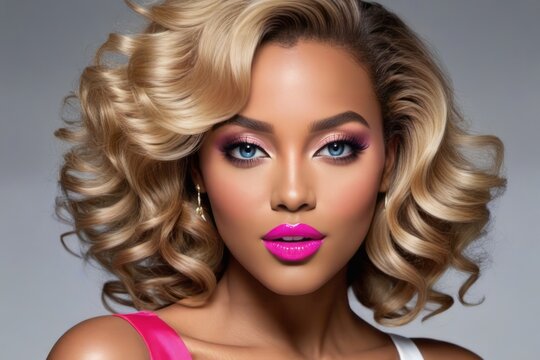 The image features a beautiful black woman with blonde hair and bright pink lipstick. She has a curly shoulder-length bob and her eyes are a striking shade of blue. She is wearing white earrings