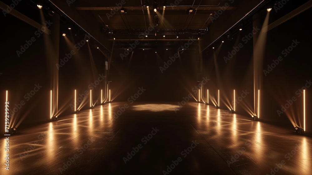 Wall mural An atmospheric empty stage set on a dark floor, illuminated by vibrant stage lights strategically placed around the perimeter, creating an inviting space for a performance or event.