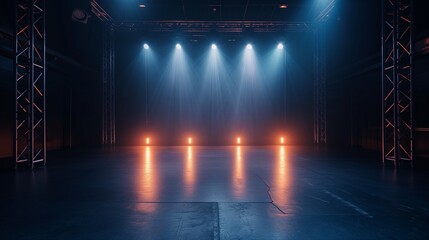 An atmospheric empty stage set on a dark floor, illuminated by vibrant stage lights strategically placed around the perimeter, creating an inviting space for a performance or event. - obrazy, fototapety, plakaty