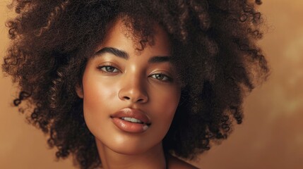 Black woman, beauty and skincare face portrait for natural afro, facial or hair care cosmetics. Healthy, beautiful and assertive model with curly hair shine and texture in brown studio background. - obrazy, fototapety, plakaty