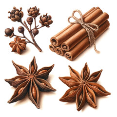 Assorted Spices Illustration with Cinnamon, cloves and Star Anise
