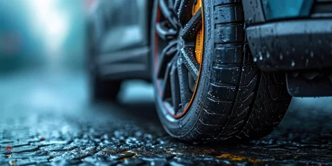 Fotobehang new car tires against dark background © KRIS
