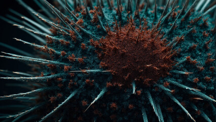 A close-up of a virus disintegrating into parts and releasing its viral spikes. generative AI