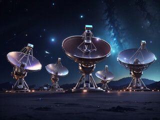 collection Set of Radio telescopes at night with starry nights releasing with hologram hud as a wide banner for space research and discovery and futuristic communication concepts design.