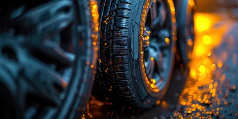 Fotobehang new car tires against dark background © KRIS