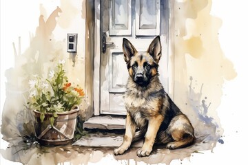 bright watercolor illustration, puppy German Shepherd in front of an atmospheric door to a house, sobbing pots of flowers