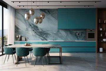 Foto op Plexiglas Minimal kitchen interior design with luxury dining table and modern marble pattern © LFK