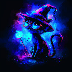 Illustration, drawing of a kitten-wizard  in a magic hat and glasses, neon colors on a black background