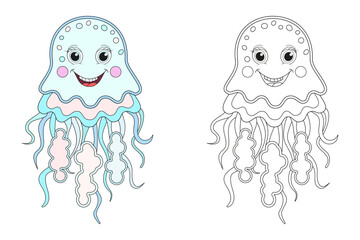 Jellyfish line and color illustration. Cartoon vector illustration for coloring book.