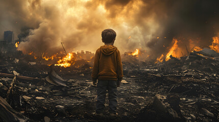 Un enfant face au feu et à la destruction : les enfants sont les véritables victimes de la guerre, IA générative - obrazy, fototapety, plakaty