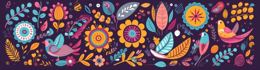 Fototapeta na wymiar Beautiful colorful cartoon floral collection with leaves, flowers, tree and birds. Mexican ethnic pattern, Generative AI 