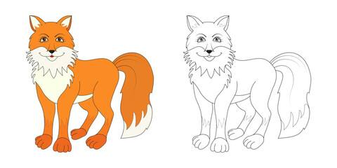 Fox line and color illustration. Cartoon vector illustration for coloring book.