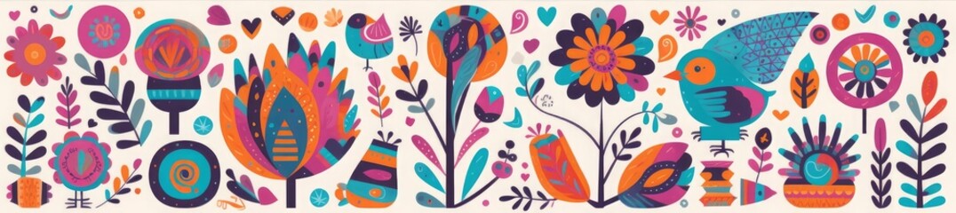 Beautiful colorful cartoon floral collection with leaves, flowers, tree and birds. Mexican ethnic pattern, Generative AI 