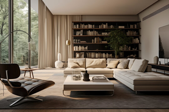 Modern bauhaus living room interior design khaki colors