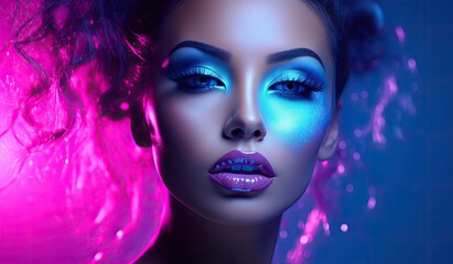 Portrait of a model against a neon pink and blue background, exuding a futuristic and fashionable vibe.