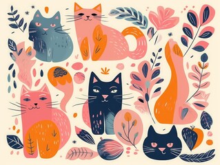 Fototapeta na wymiar Cute spring collection with cats. Decorative abstract horizontal banner with colorful cats. Hand-drawn modern illustrations with cats and flowers, Generative AI 