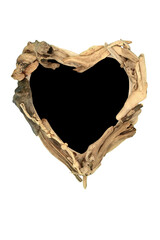 Driftwood heart shape wreath frame abstract on white background. Creative zen minimal natural wood nature composition.