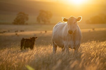 cows at sunset on a farm in a field in a dry summer paddock - obrazy, fototapety, plakaty