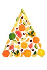 Surreal citrus and berry fruit tree shape abstract on white background. Healthy fresh food concept with leaves high in antioxidants and vitamin c for immune system boost.