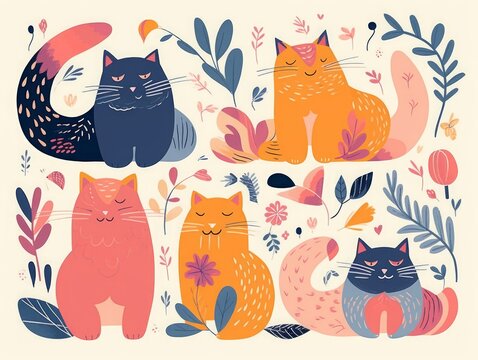 Cute spring collection with cats. Decorative abstract horizontal banner with colorful cats. Hand-drawn modern illustrations with cats and flowers, Generative AI 