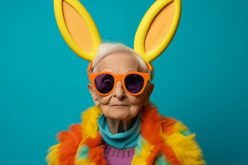 An elderly woman with a playful spirit wears vibrant yellow bunny ears and orange sunglasses against a bright teal background.
 - obrazy, fototapety, plakaty