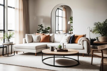 Interior home design of modern living room with rustic wooden table near white sofa in classic room